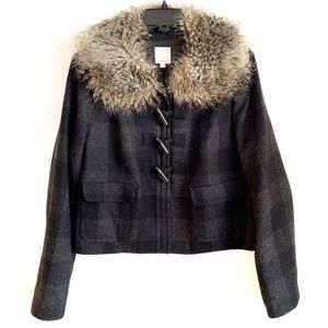 Halogen Plaid Wool Faux Fur Collar Toggle Coat